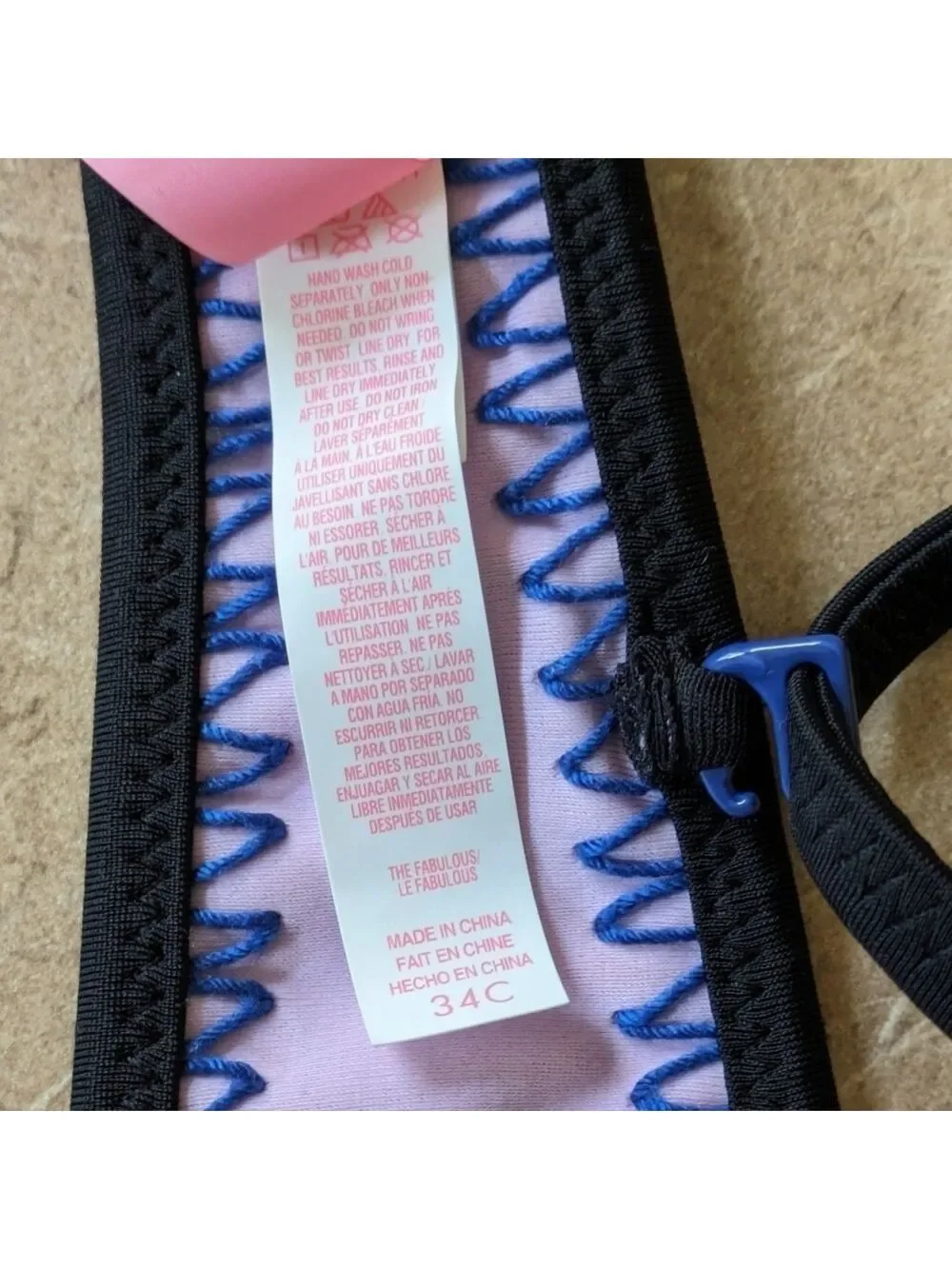 Victoria's Secret Pink & Blue Floral Push Up, Padded Bikini Top w/Black Trim 34C
